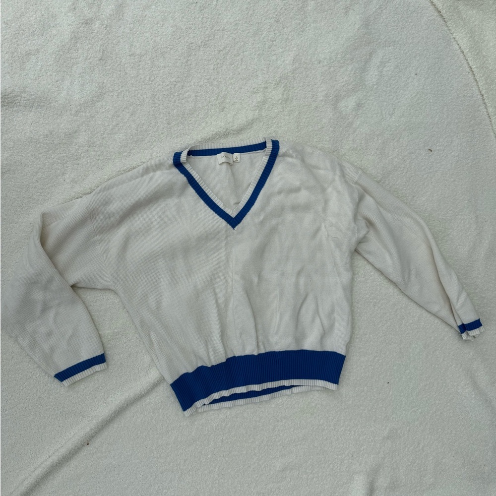 Cyrus White V-Neck Sweater with Blue Trim
